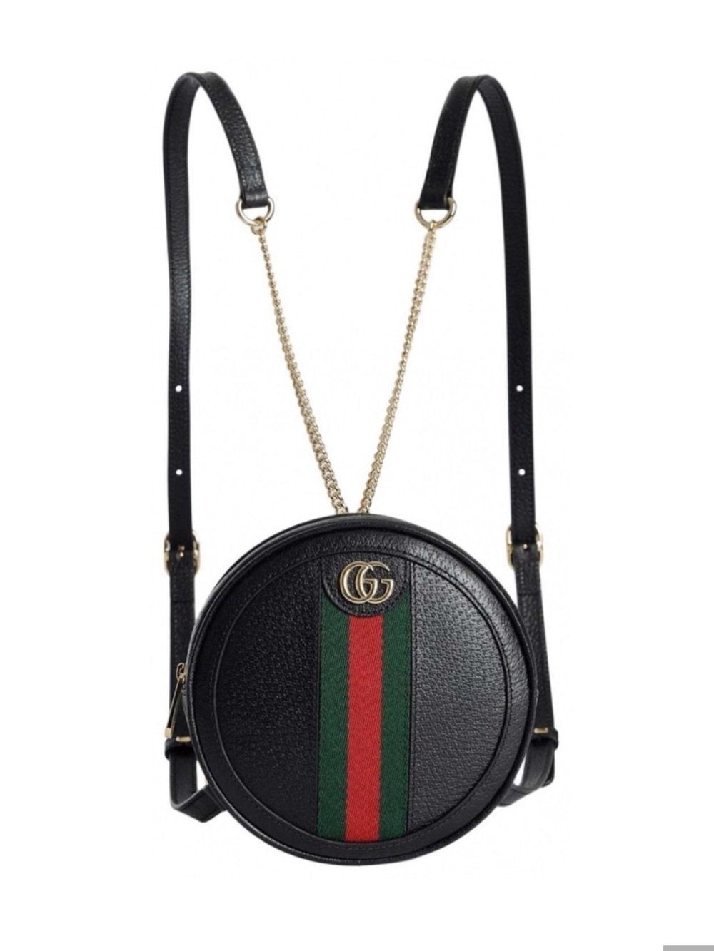Gucci authentic black leather small round backpack shoulder bag gold chains